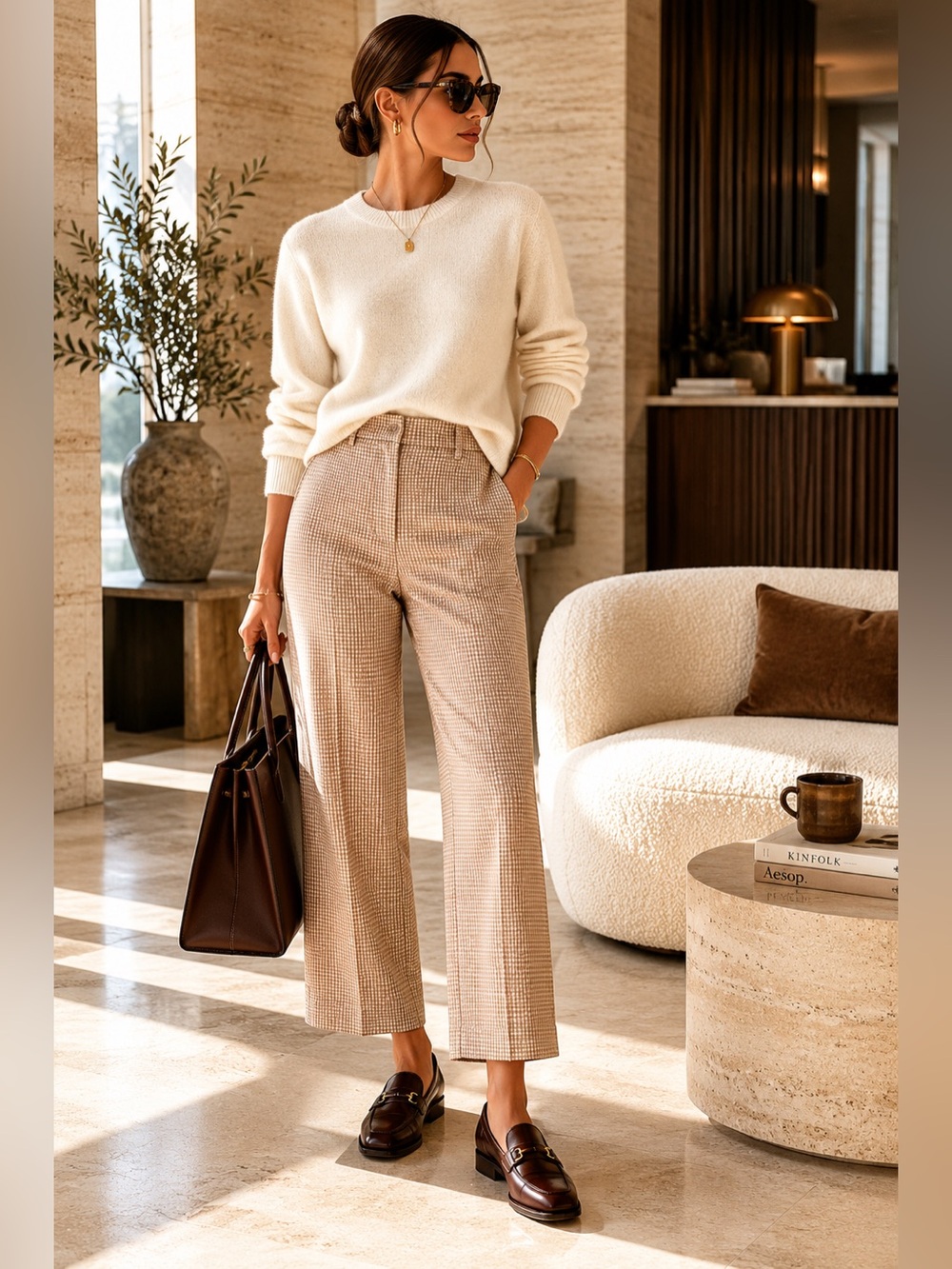 Aritzia Wilfred Effortless Cropped Pant 8 Beige Houndstooth Wool Blend Trouser